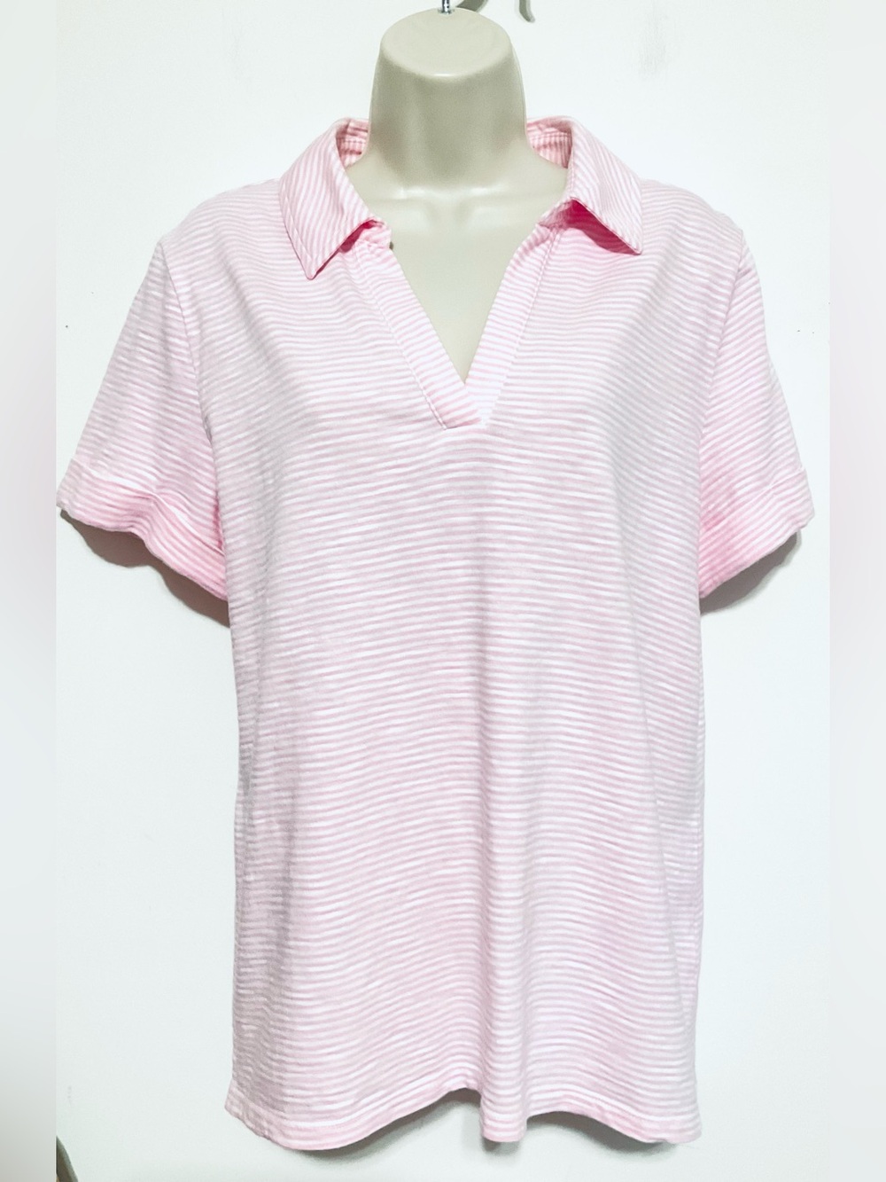 Talbots L roll cuff short sleeve top pink white striped